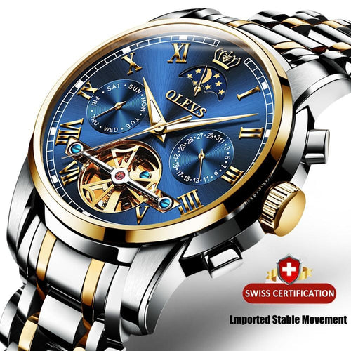 Men Watch Automatic Mechanical Business Skeleton Slef-Wind Luxury Stainless Steel Waterproof Luminous Wrist Watch-0
